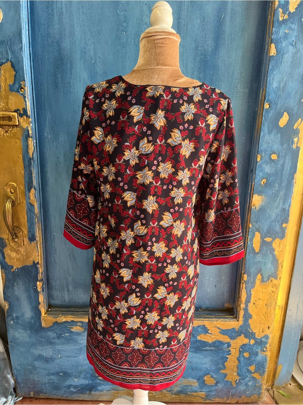 Everly Burgundy Floral Long-Sleeve Shift Dress with Red Border